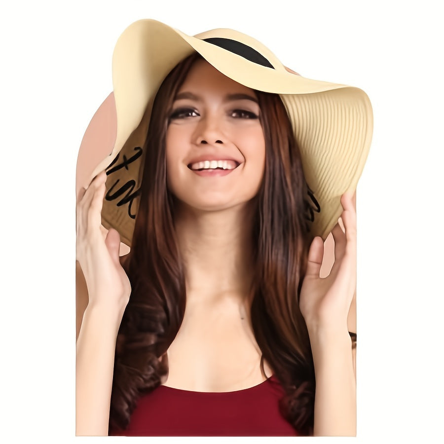 Sunshine Embroidery Sun Hat Wide Brim Floppy Khaki Straw Hat