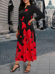 Plant Print V Neck Dress Long Sleeve Maxi Dress Women's Clothing