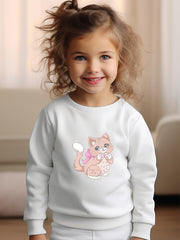 Girls Cat Pattern Crew Neck Sweatshirt for Spring Fall