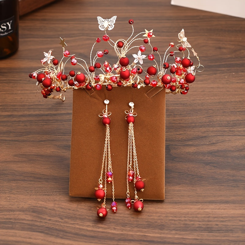 Chinese Style Red Faux Pearl Headband Earrings Set