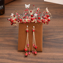 Chinese Style Red Faux Pearl Headband Earrings Set