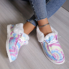 Women's Plush Lined Canvas Shoes Tie Dye Slip On Fuzzy Snow Boots