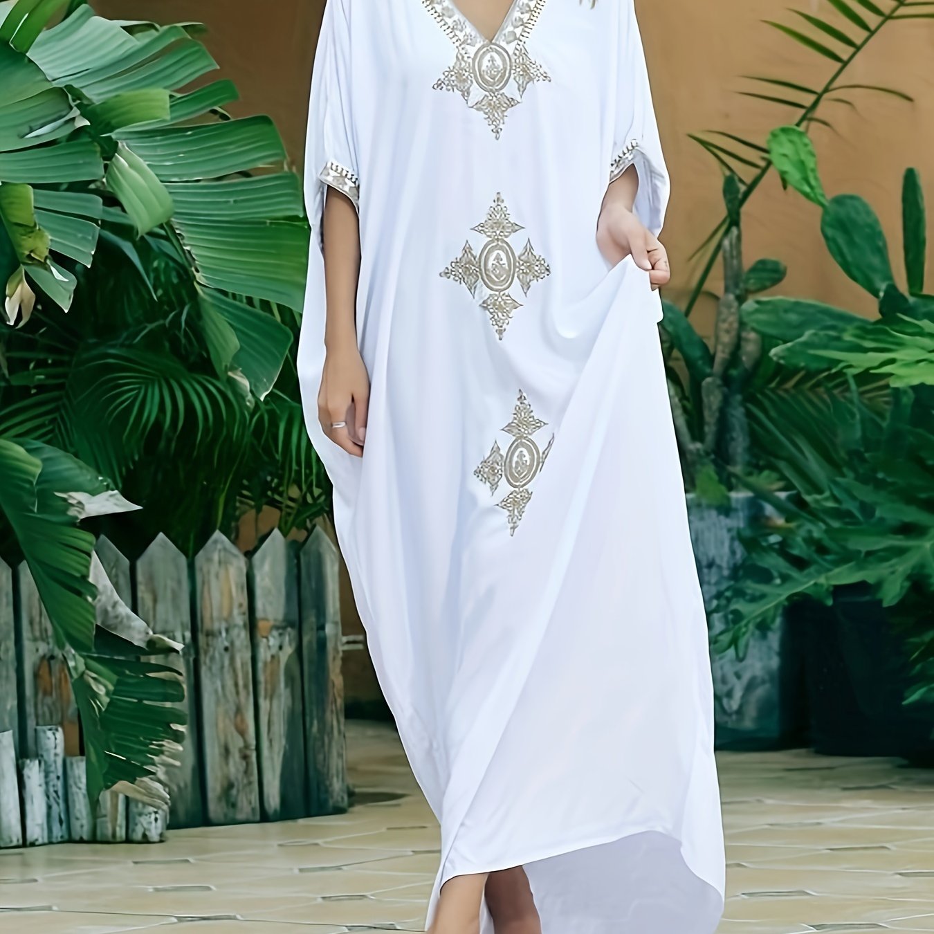 Boho Cover Up Women's Plus Embroidered Batwing Sleeve V Neck