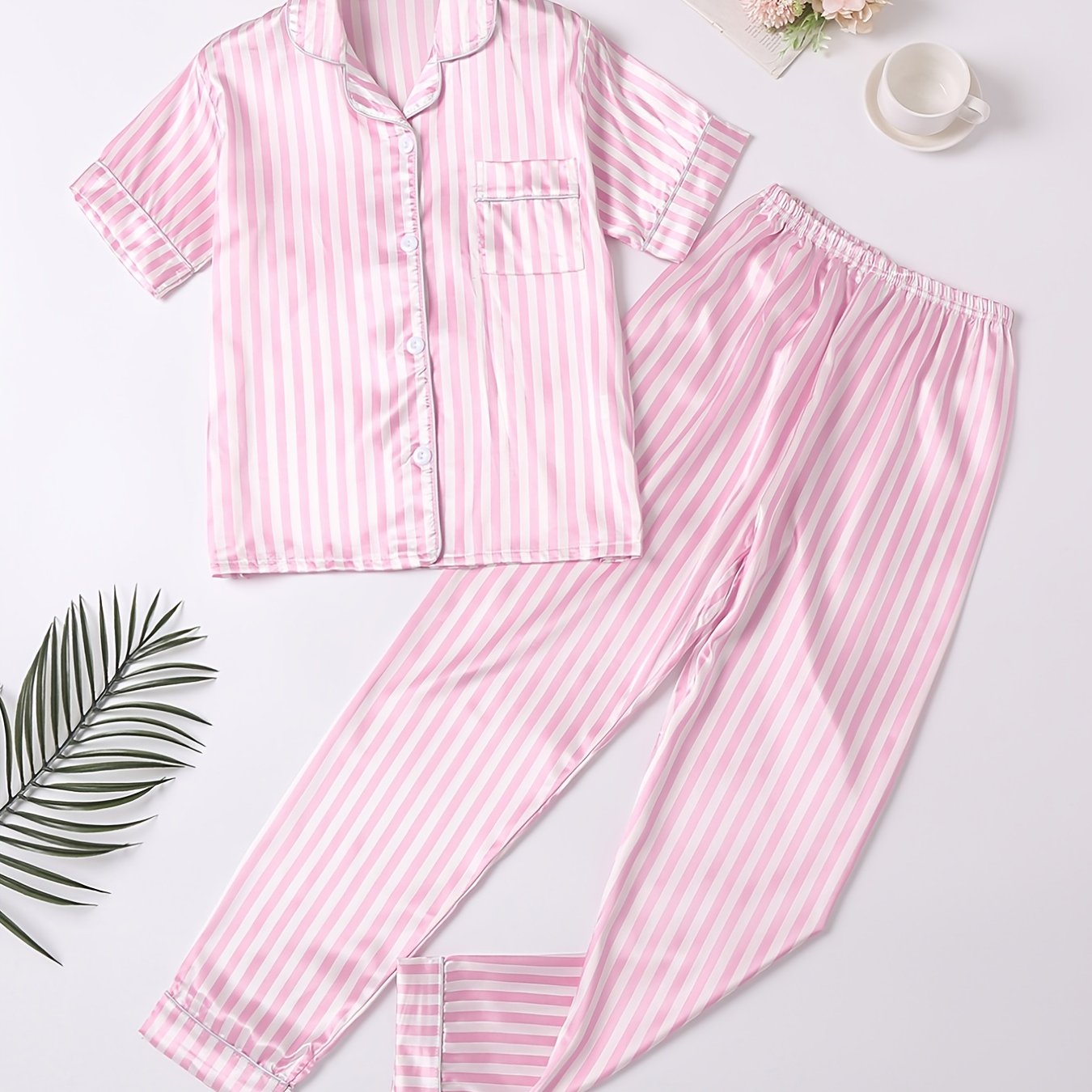 Girls Pink Stripes Pajama Set V Neck Short Sleeve Top & Pants