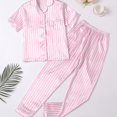 Girls Pink Stripes Pajama Set V Neck Short Sleeve Top & Pants