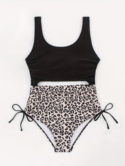 Retro Swimsuit Leopard Print Lace Up One Piece Bathing Suit