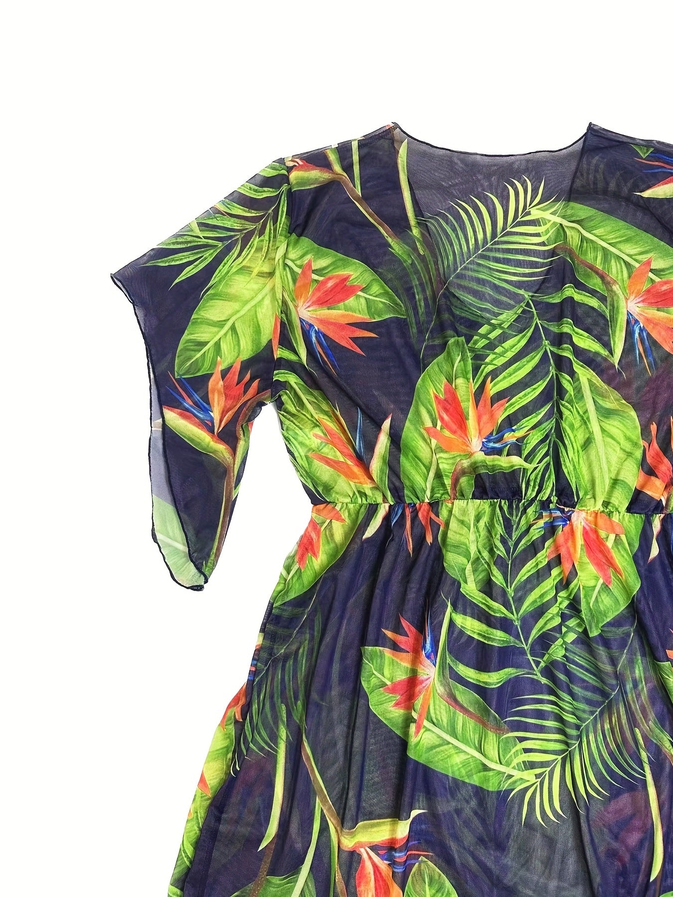 Tropical Print Bell Sleeve V Neck Cover Up