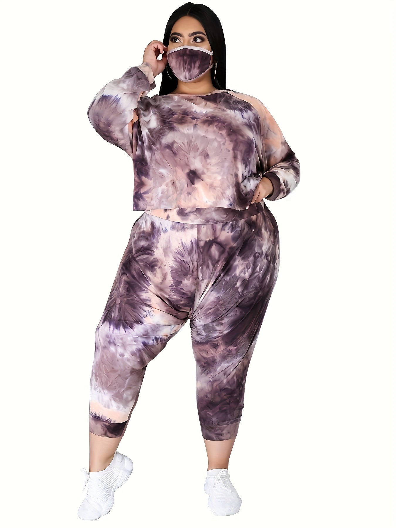 Women's Plus Tie Dye Long Sleeve Top & Pants Outfits 2 Piece Set