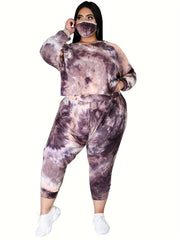 Women's Plus Tie Dye Long Sleeve Top & Pants Outfits 2 Piece Set