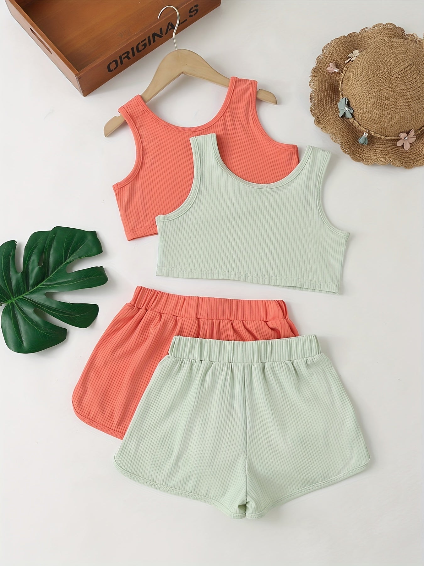 Girls Ribbed Crop Tank Top & Track Shorts Set Kids Summer Clothes