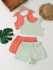 Girls Ribbed Crop Tank Top & Track Shorts Set Kids Summer Clothes