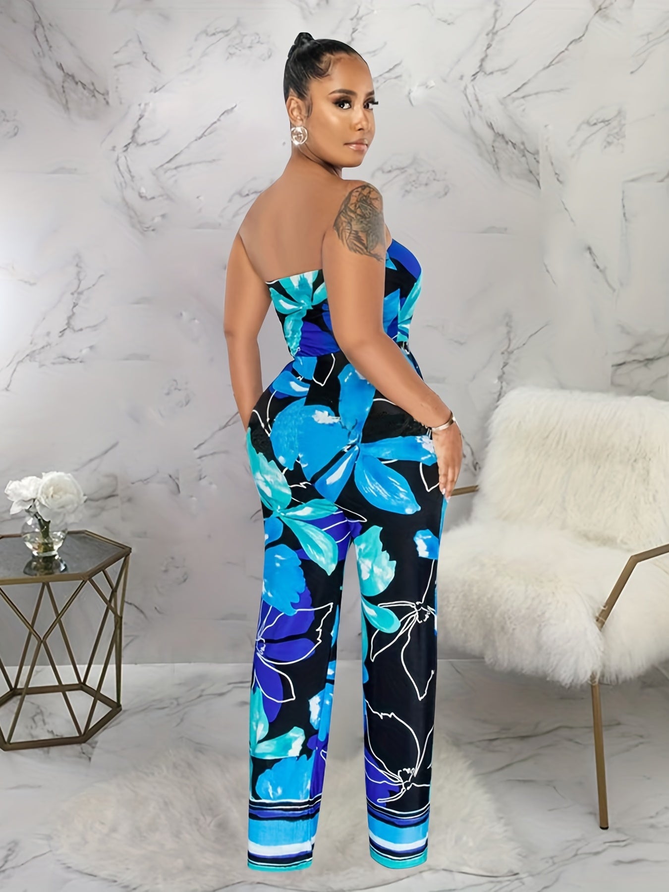 Tropical Floral Print Tube Jumpsuit Off Shoulder Summer Wide Leg Jumpsuit