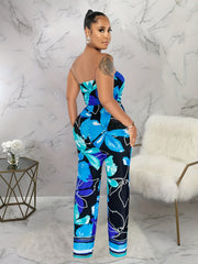 Tropical Floral Print Tube Jumpsuit Off Shoulder Summer Wide Leg Jumpsuit