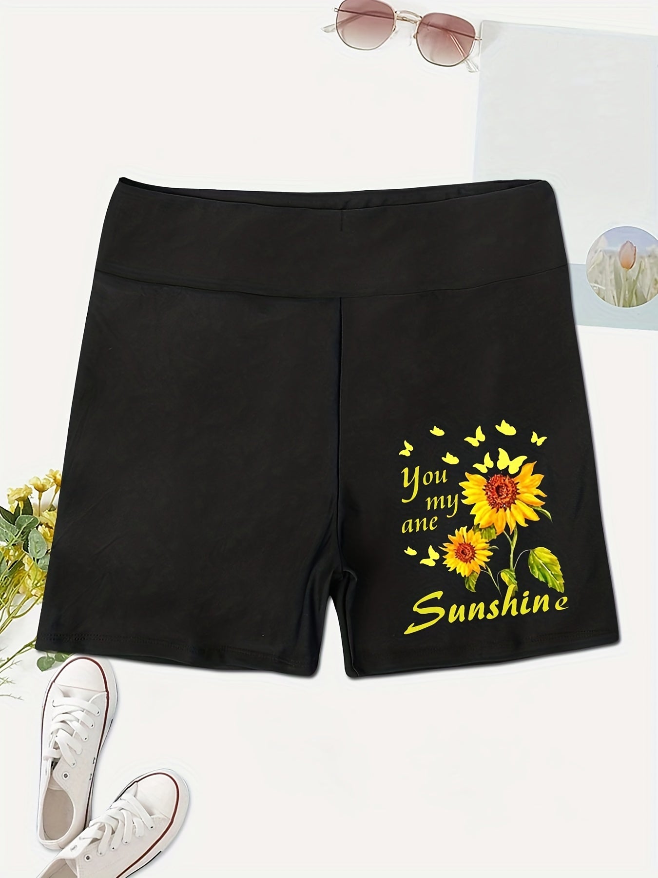 Sunflower Print Biker Shorts High Waist Leggings
