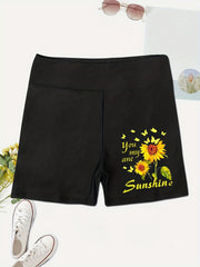 Sunflower Print Biker Shorts High Waist Leggings
