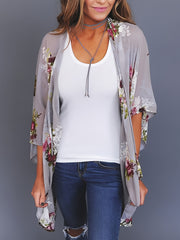 Floral Print Chiffon Blouse Long Sleeve Rash Guard V Neck