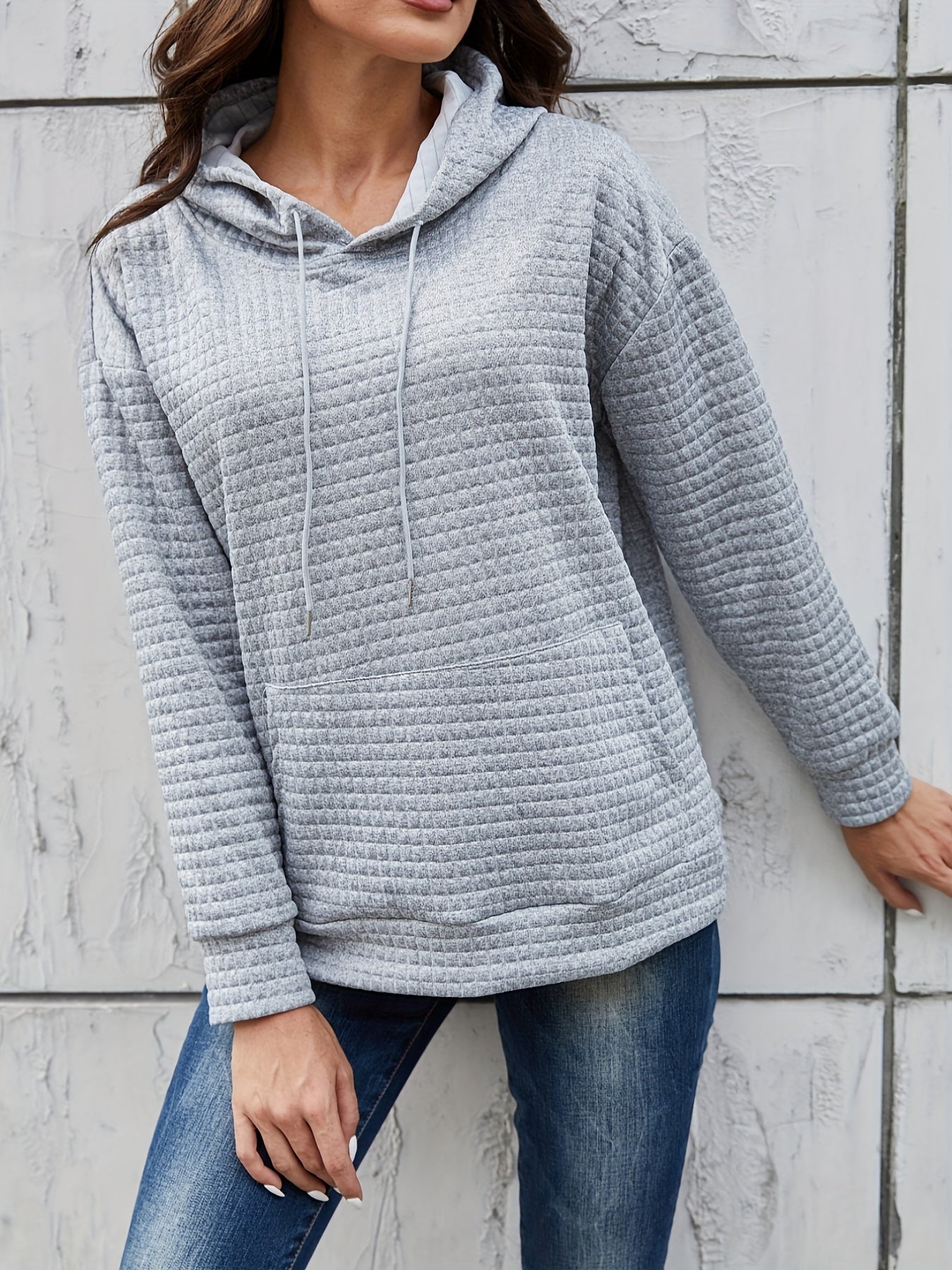 Textured Kangaroo Pocket Hoodie Long Sleeve