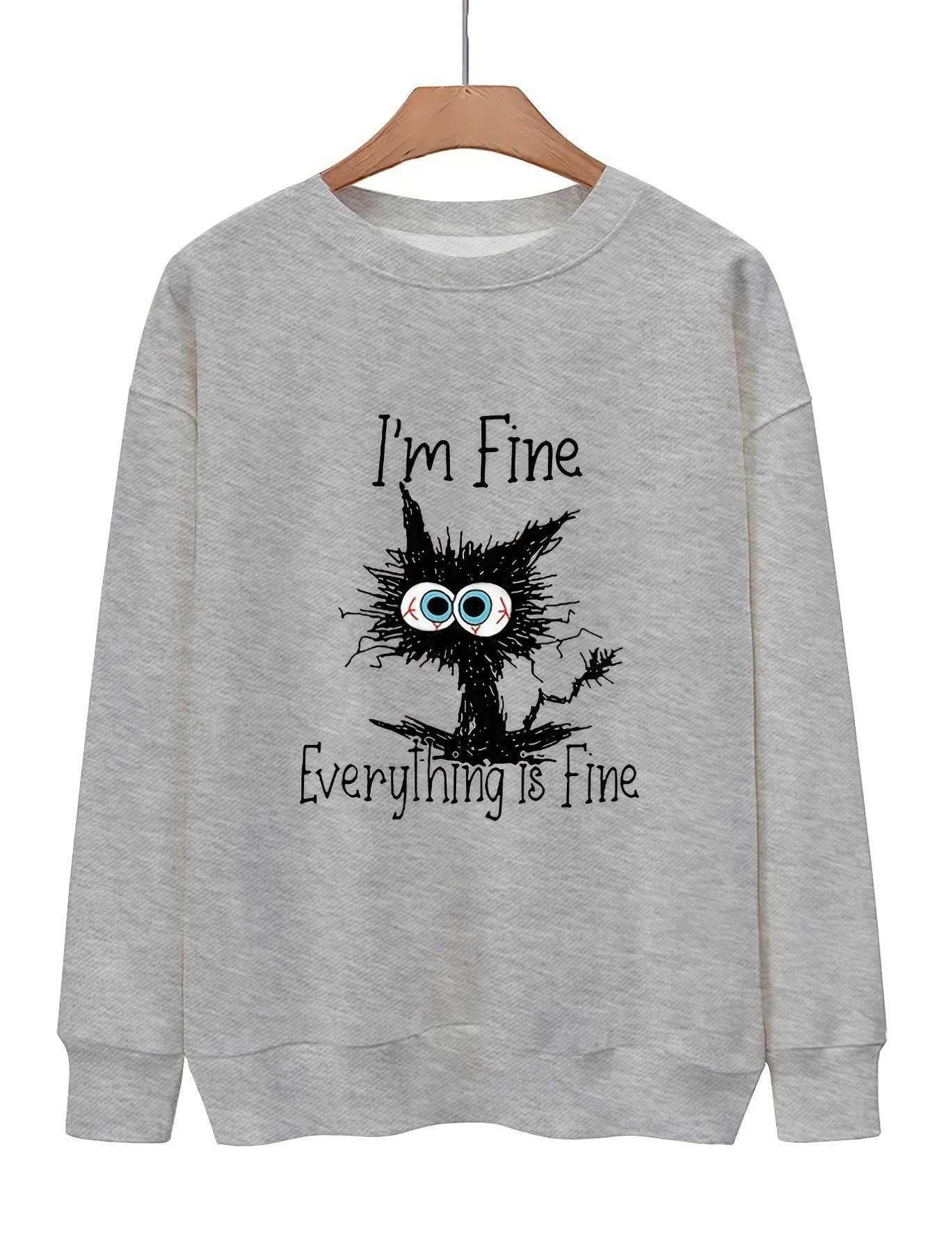 Tired Cat Print Pullover Sweatshirt for Women