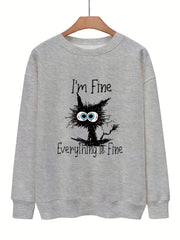 Tired Cat Print Pullover Sweatshirt for Women