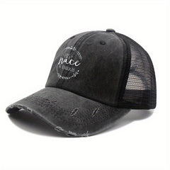 Ponytail Ripped Trucker Hat Letter Print Distressed Baseball Cap