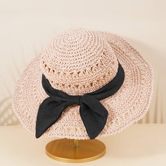 Hollow Crochet Bow Straw Hat Wide Brim Sun Visor Bucket Cap