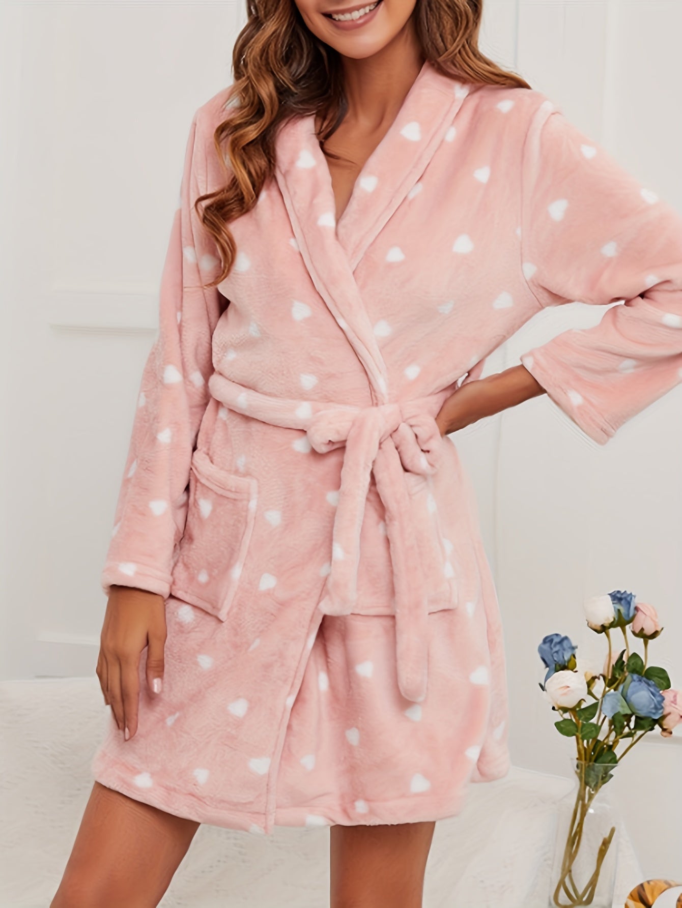 Polka Dot Print Bathrobe Warm & Fuzzy Lounge Robe With Pockets