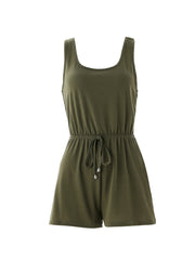 Casual Drawstring Waist Romper Jumpsuit Solid Color Sleeveless Summer Outfit