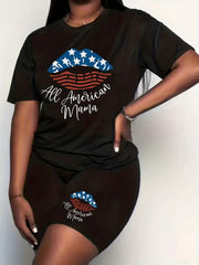 Women's Plus Flag & Lip Print Crew Neck Short Sleeve Top & Shorts Set