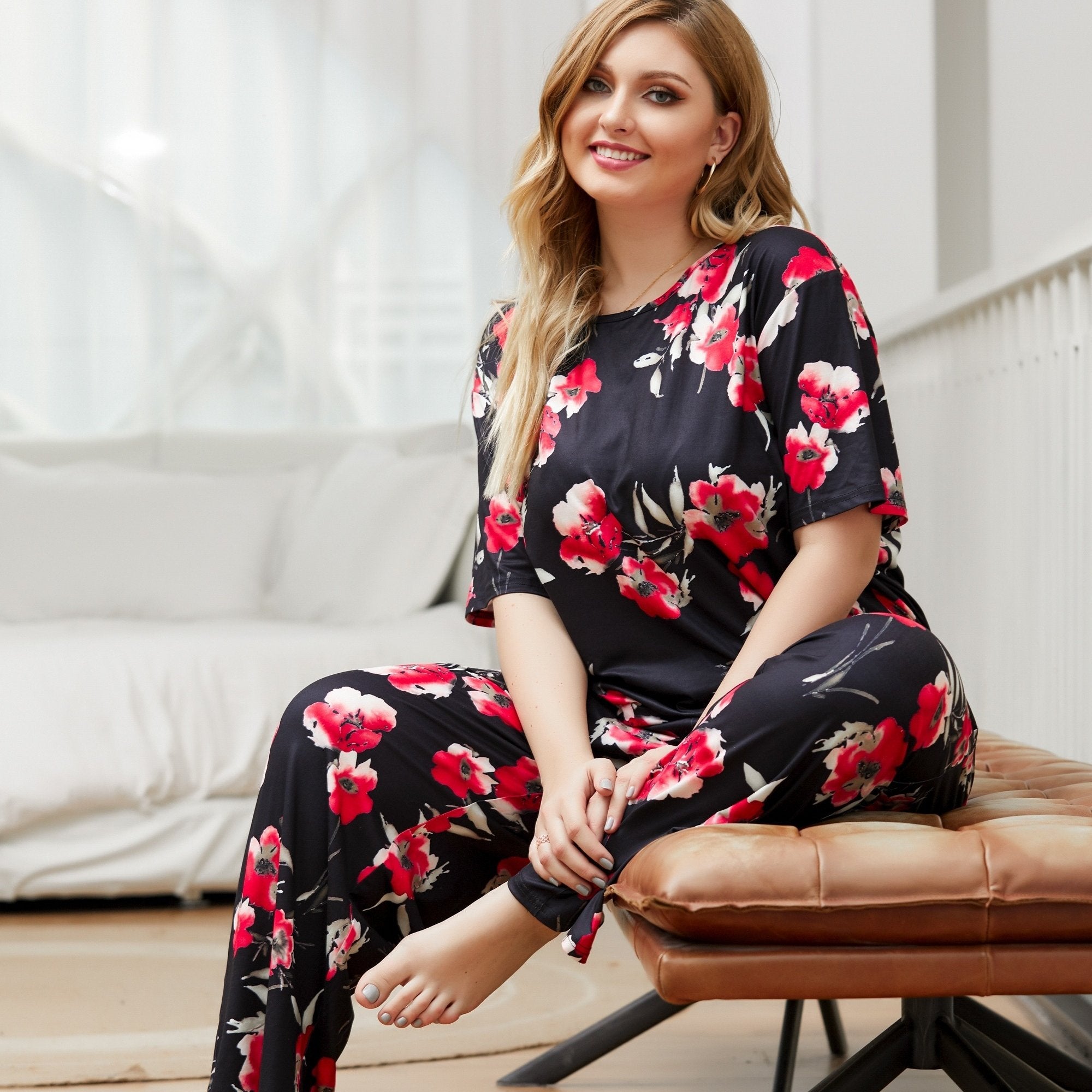 Floral Print Pajama Set Short Sleeve Top & Pants