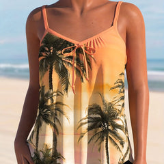 Tropical Print Tie Front V Neck Cami Top & Shorts Swimsuit Set