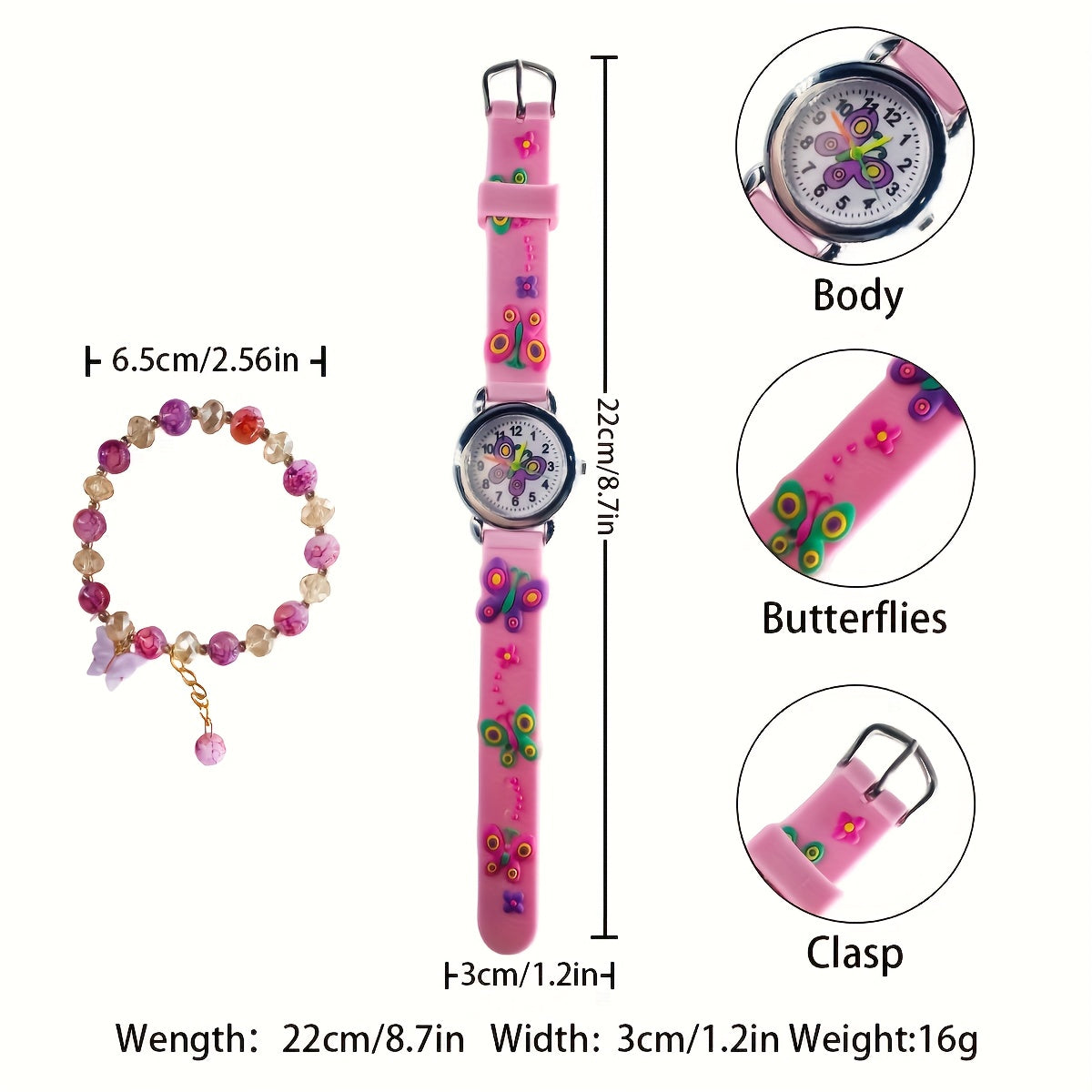Kids Pink Butterfly Bracelet & Round Watch Set