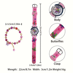 Kids Pink Butterfly Bracelet & Round Watch Set
