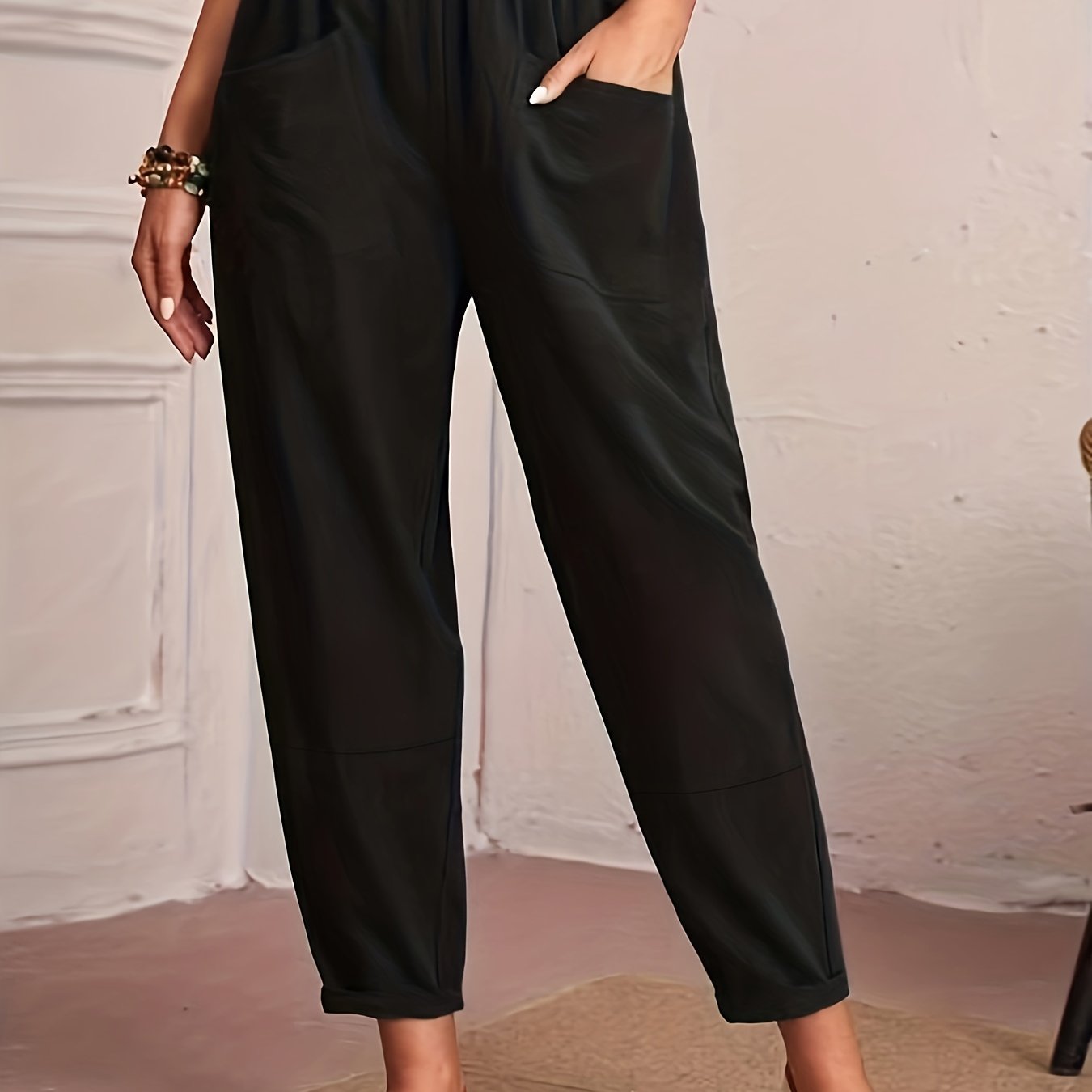 Ruched Elastic Waist Pants Solid Casual Pocket Front Pants