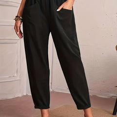 Ruched Elastic Waist Pants Solid Casual Pocket Front Pants