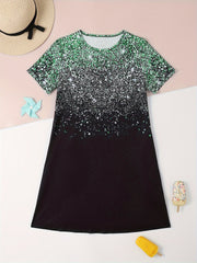 Girls Sequin Print Short Sleeve Dress for Summer