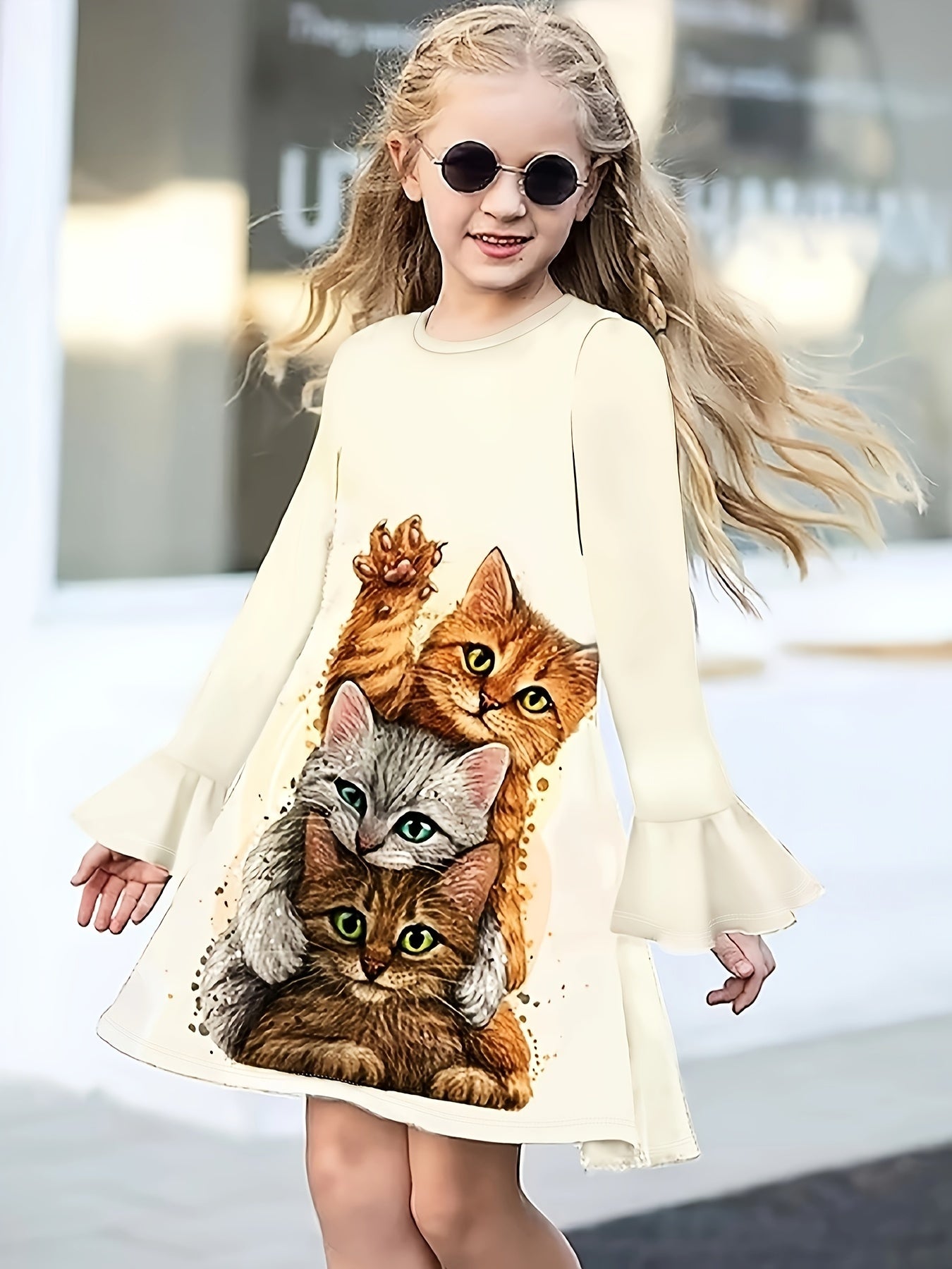Girls Lovely Kitty Graphic Flare Sleeve Dress