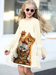 Girls Lovely Kitty Graphic Flare Sleeve Dress