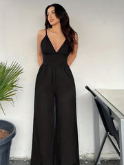 Scallop Trim V Neck Wide Leg Jumpsuit Sexy Spaghetti Strap Jumpsuit