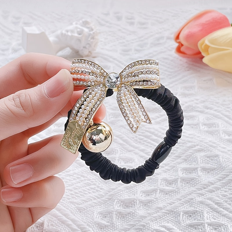 Golden Bead Rhinestone Bow Scrunchies Hair Ties Ponytail Holder