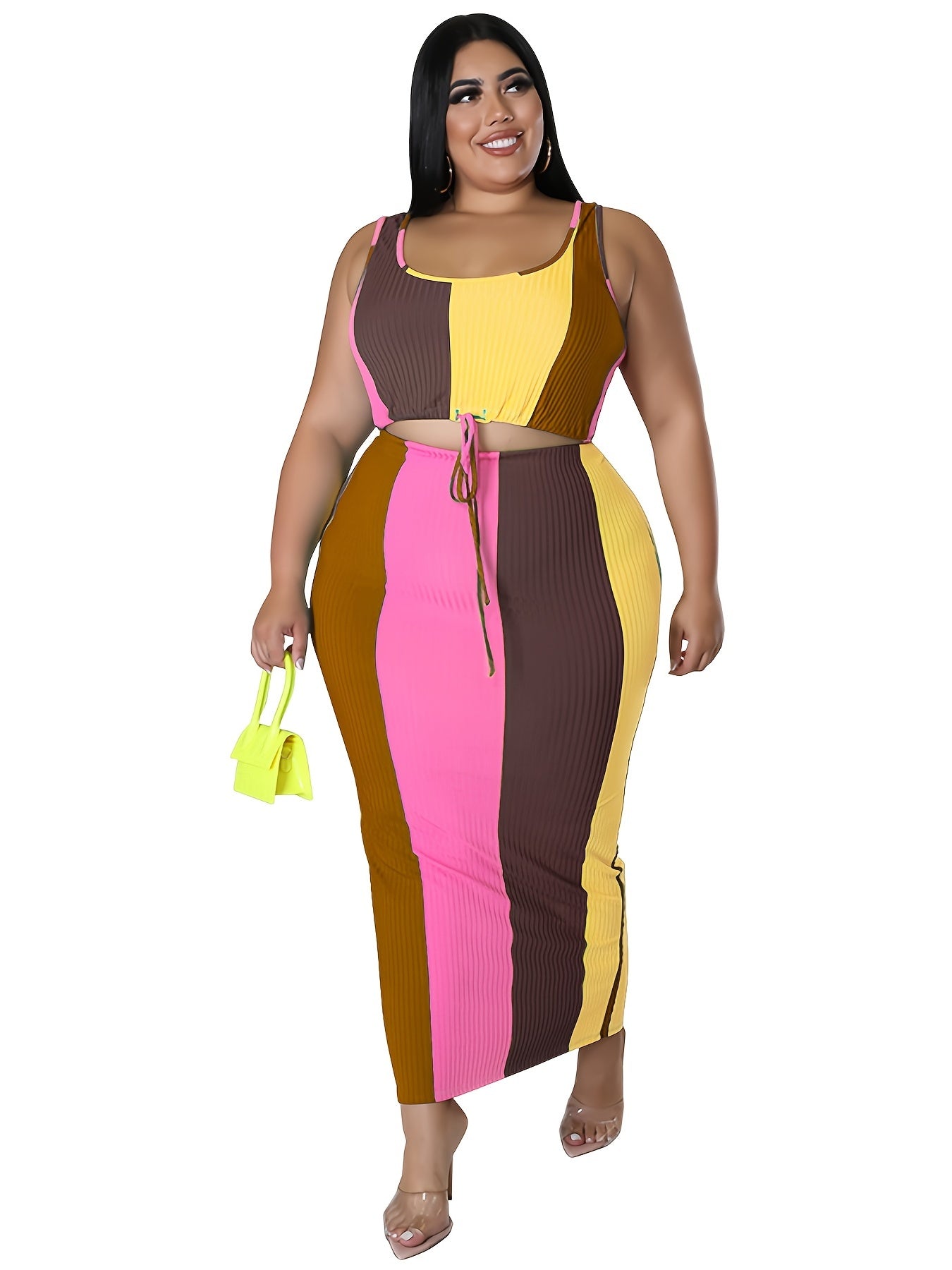Colorblock Ribbed Tank Top & Skirt Set Women's Plus Medium Stretch 2pc