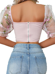 Floral Mesh Puff Sleeve Underwire Corset Top