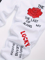 Boys Ripped Floral & Letter Print Jeans Skinny Slim Fit Denim Pants