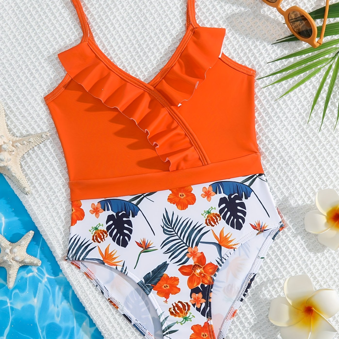 Kid Girl's Tropital Bikini Swimsuit Frill Trim Strappy Bikini Top & Floral Botto