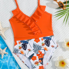 Kid Girl's Tropital Bikini Swimsuit Frill Trim Strappy Bikini Top & Floral Botto