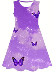 Purple Butterfly Graphic Princess Dress for Summer