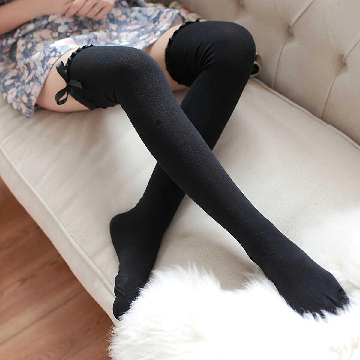 Bowknot Thigh High Socks Lace Stocking Warm Cotton Knee Socks