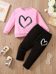 Toddler Girl's Heart Print 2pcs Sweatshirt & Sweatpants Set, Casual Outfits