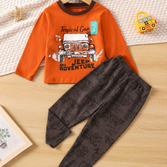 Boys 2pcs Pajamas Long Sleeve Top & Pants TROPICAL CAR ADVENTURE Print Set