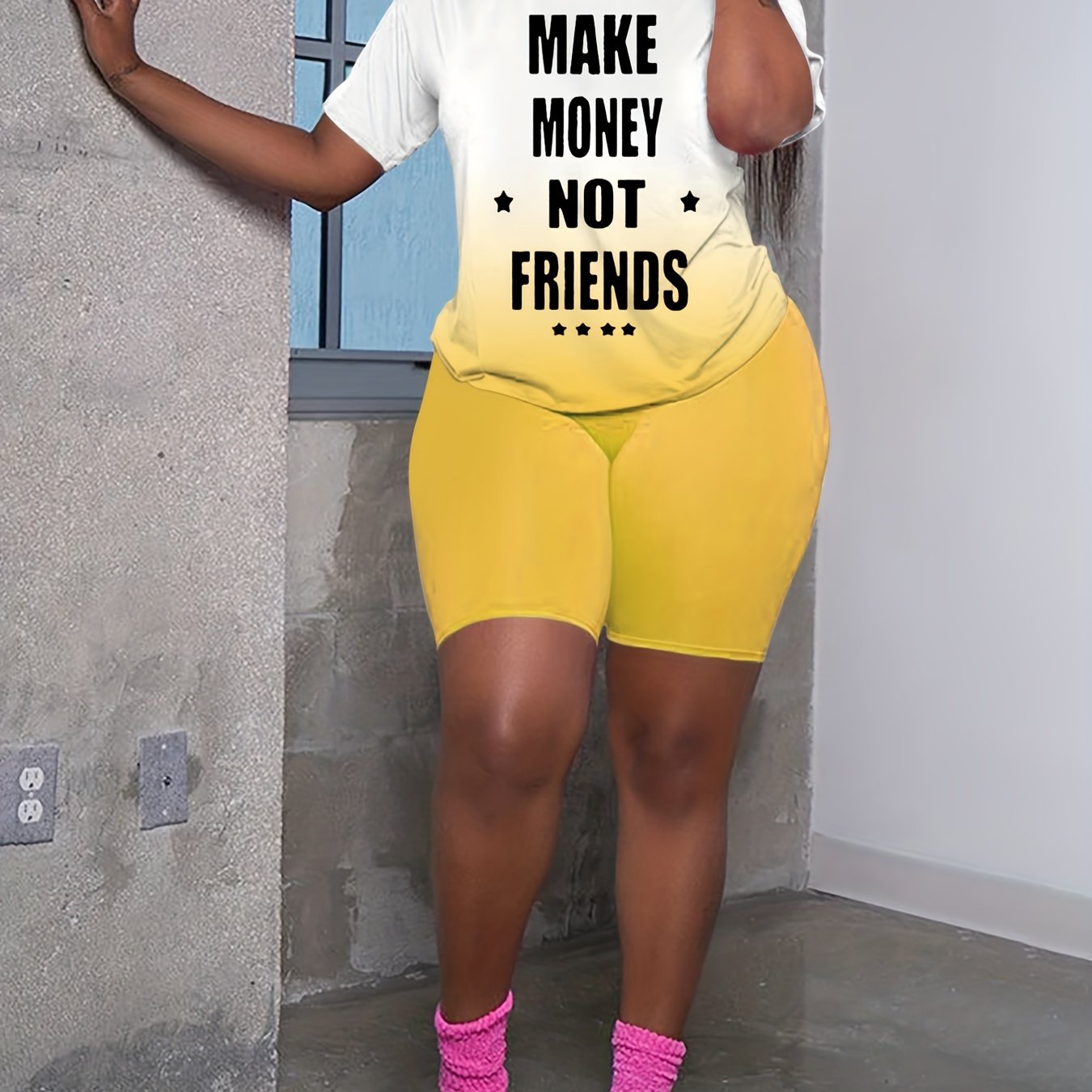 Plus Slogan & Ombre Print Crop Top & Shorts Outfits Set
