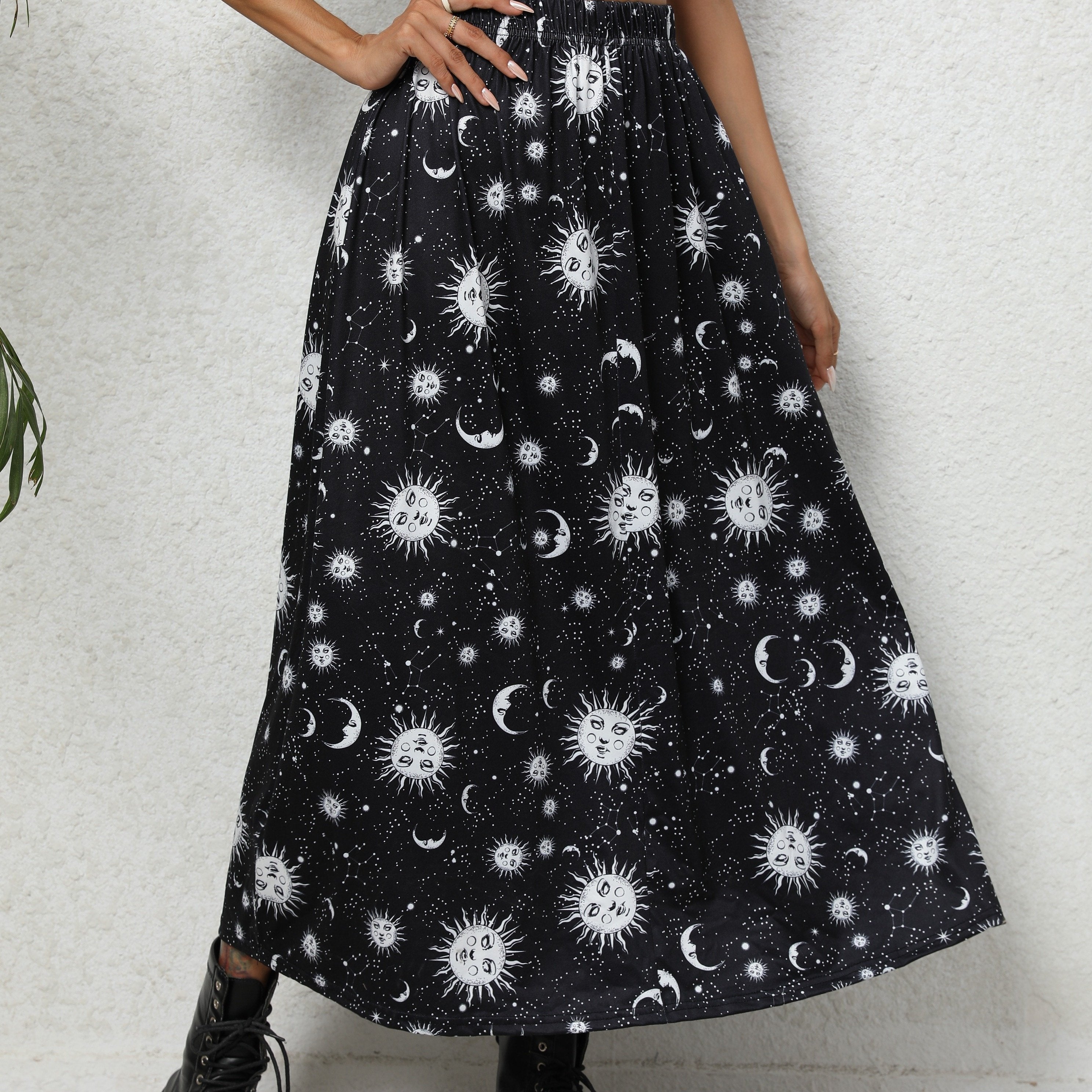 Galaxy Print Midi Skirt High Waist Spring Summer Women's Clothing